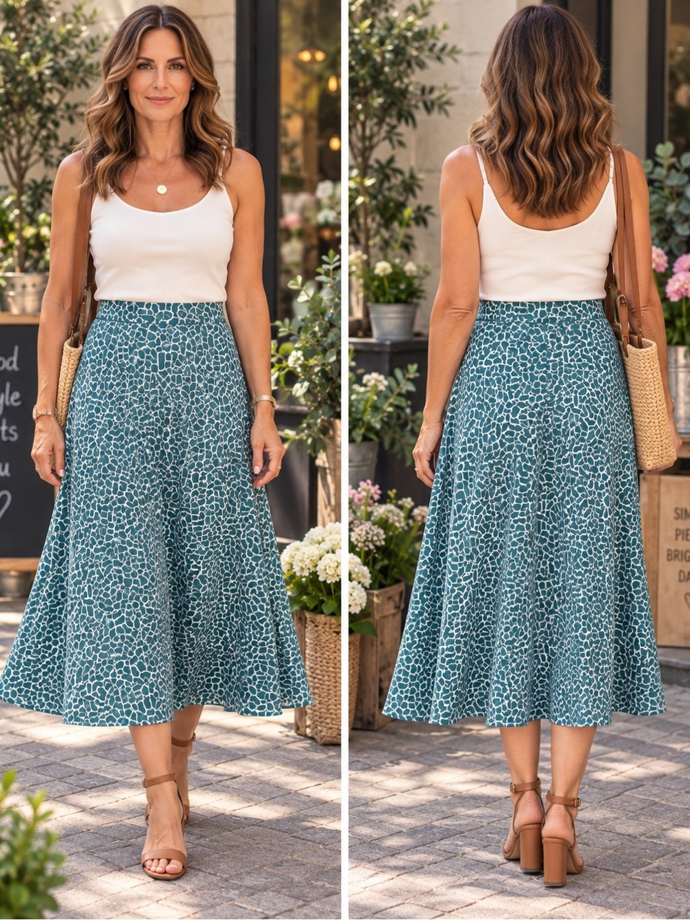 Teal Geometric Print Midi Skirt - Women's Casual A-Line